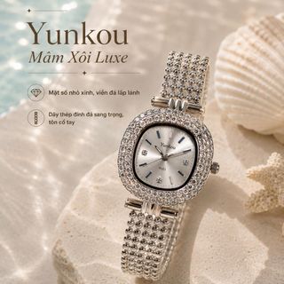 Đồng hồ nữ mặt vuông bo tròn đính đá, dây kim loại bạc sang trọng Yunkou Mâm Xôi