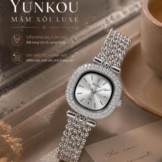 Đồng hồ nữ mặt vuông bo tròn đính đá, dây kim loại bạc sang trọng Yunkou Mâm Xôi