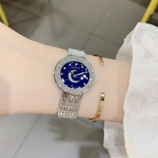 Đồng hồ nữ mặt tròn xanh trăng sao đính đá, dây kim loại bạc Gossie Trăng Sao
