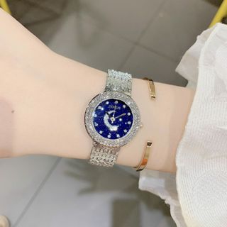 Đồng hồ nữ mặt tròn xanh trăng sao đính đá, dây kim loại bạc Gossie Trăng Sao