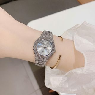 Đồng hồ nữ mặt tròn full đá, dây kim loại bạc sang trọng Yunkou Tròn Full Đá