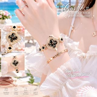 Đồng hồ nữ mặt cỏ bốn lá đính đá, dây lắc 2 màu đen - xanh Gossie Cỏ Bốn Lá