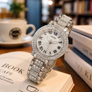 Đồng hồ nữ mặt tròn đính đá, dây kim loại bạc sang trọng Gossie Diamond