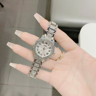 Đồng hồ nữ mặt tròn đính đá, dây kim loại bạc sang trọng Gossie Diamond