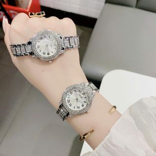 Đồng hồ nữ mặt tròn đính đá, dây kim loại bạc sang trọng Gossie Diamond