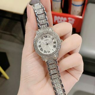 Đồng hồ nữ mặt tròn đính đá, dây kim loại bạc sang trọng Gossie Diamond