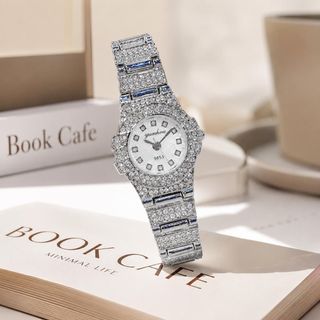 Đồng hồ nữ mặt tròn full đá, dây kim loại bạc sang trọng Yunkou Lux