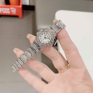 Đồng hồ nữ mặt tròn full đá, dây kim loại bạc sang trọng Yunkou Lux