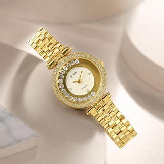 Đồng hồ nữ mặt tròn đính đá, dây kim loại 2 màu vàng - vàng hồng Gossie Pearl