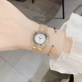 Đồng hồ nữ mặt tròn đính đá, dây kim loại 2 màu vàng - vàng hồng Gossie Pearl