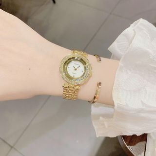 Đồng hồ nữ mặt tròn đính đá, dây kim loại 2 màu vàng - vàng hồng Gossie Pearl