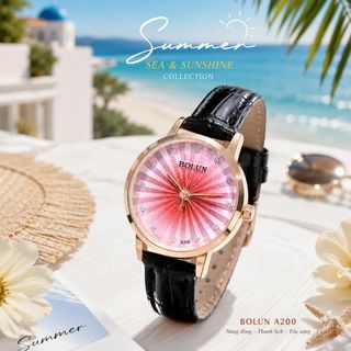 Đồng hồ nữ mặt tròn đỏ tia, dây da đen thanh lịch Bolun Đỏ Tia