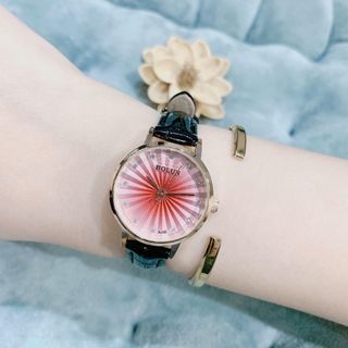 Đồng hồ nữ mặt tròn đỏ tia, dây da đen thanh lịch Bolun Đỏ Tia