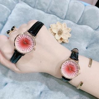 Đồng hồ nữ mặt tròn đỏ tia, dây da đen thanh lịch Bolun Đỏ Tia