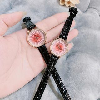 Đồng hồ nữ mặt tròn đỏ tia, dây da đen thanh lịch Bolun Đỏ Tia