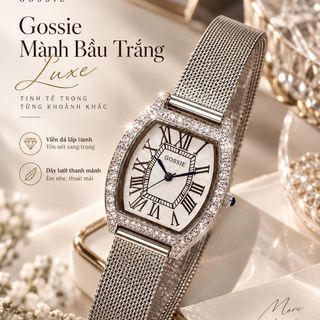 Đồng hồ nữ mặt bầu đính đá, dây mành bạc sang trọng Gossie Mành Bầu