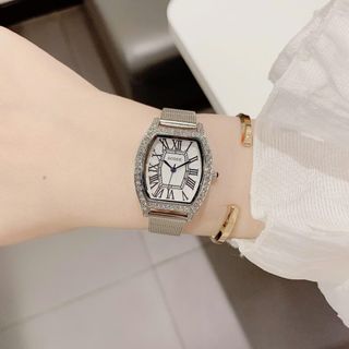 Đồng hồ nữ mặt bầu đính đá, dây mành bạc sang trọng Gossie Mành Bầu