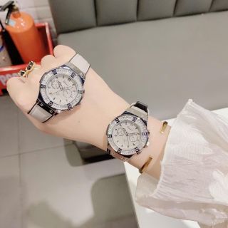 Đồng hồ nữ mặt tròn đính đá, dây da xám hiện đại Dimini Xám