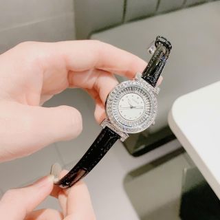 Đồng hồ nữ mặt tròn viền đá, dây da đen sang trọng RO Da Đen