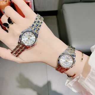 Đồng hồ nữ mặt tròn cọc đá, dây kim loại 2 màu xanh - bạc Gossie Kim Cương