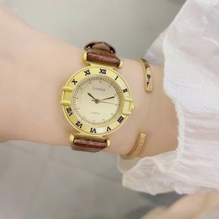 Đồng hồ nữ mặt tròn số La Mã, dây da nâu cổ điển Gossie Nâu La Mã
