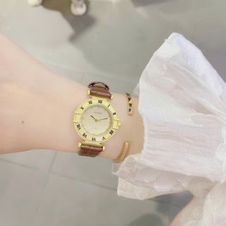 Đồng hồ nữ mặt tròn số La Mã, dây da nâu cổ điển Gossie Nâu La Mã