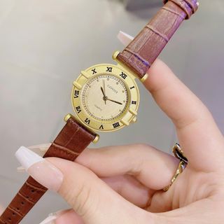 Đồng hồ nữ mặt tròn số La Mã, dây da nâu cổ điển Gossie Nâu La Mã
