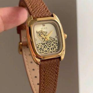 Đồng hồ nữ mặt chữ nhật họa tiết báo gấm, dây da nâu cá tính Gossie Báo Gấm
