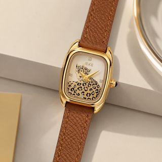 Đồng hồ nữ mặt chữ nhật họa tiết báo gấm, dây da nâu cá tính Gossie Báo Gấm