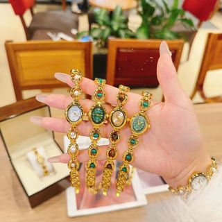 Đồng hồ nữ lắc tay phối ngọc 3 màu xanh - nâu - trắng Gossie Ngọc Bảo
