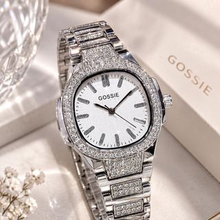 Đồng hồ nữ mặt tròn đính đá, dây kim loại bạc sang trọng Gossie PA
