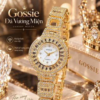 Đồng hồ nữ mặt tròn viền đá, dây kim loại 2 màu vàng - bạc Gossie Đá Vương Miện