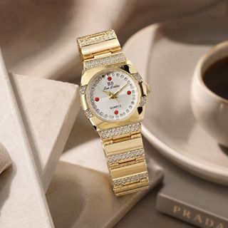 Đồng hồ nữ mặt tròn đính đá, điểm số đá đỏ 2 màu vàng - xanh BS Số Đá Đỏ
