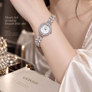 Đồng hồ nữ mặt tròn đính đá, dây lá giọt lệ rút tay Gossie Cỏ Rút Giọt Lệ