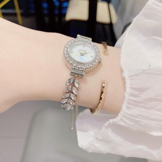Đồng hồ nữ mặt tròn đính đá, dây lá giọt lệ rút tay Gossie Cỏ Rút Giọt Lệ