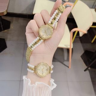 Đồng hồ nữ Gossie Phối Ngọc – mặt tròn đính đá, phối hạt ngọc sang trọng