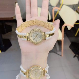 Đồng hồ nữ Gossie Phối Ngọc – mặt tròn đính đá, phối hạt ngọc sang trọng