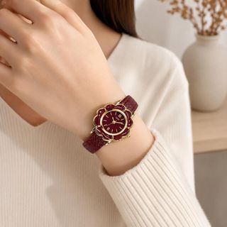 Đồng hồ nữ mặt hoa trà, dây da 3 màu đen - đỏ - xám Gossie Hoa Trà