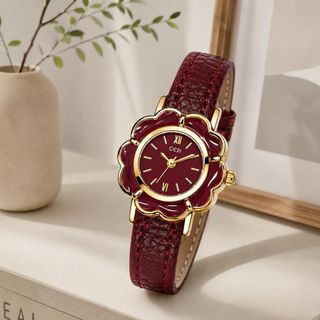 Đồng hồ nữ mặt hoa trà, dây da 3 màu đen - đỏ - xám Gossie Hoa Trà