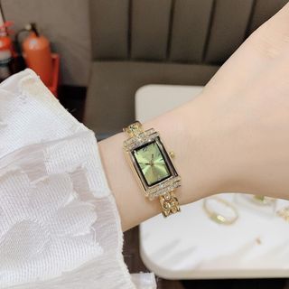 Đồng hồ nữ mặt chữ nhật đính đá, dây lắc khóa 2 màu xanh - bạc Gossie Lắc Khóa
