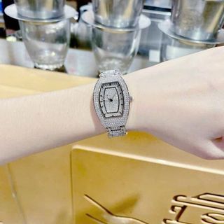 Đồng hồ nữ mặt bầu full đá, dây kim loại 2 màu vàng - trắng Gossie Bầu Đá