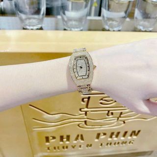 Đồng hồ nữ mặt bầu full đá, dây kim loại 2 màu vàng - trắng Gossie Bầu Đá