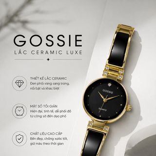Đồng hồ nữ mặt tròn phối ceramic, dây kim loại 2 màu trắng - đen Gossie Lắc Ceramic