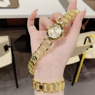 Đồng hồ nữ mặt tròn, dây xích kim loại 2 màu vàng - trắng Gossie Xích Tròn