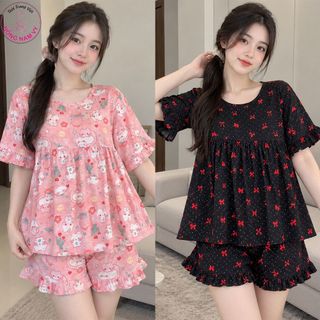 Bộ Tole Lanh Nữ Mặc Nhà HỒNG NAM VY Babydoll Đùi Tay Ngắn Loại 1 Mềm Mát