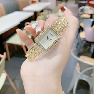 Đồng hồ nữ mặt chữ nhật đính đá, dây xích đôi 3 màu vàng - đen - trắng Gossie Xích Đôi