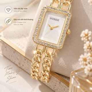 Đồng hồ nữ mặt chữ nhật đính đá, dây xích đôi 3 màu vàng - đen - trắng Gossie Xích Đôi