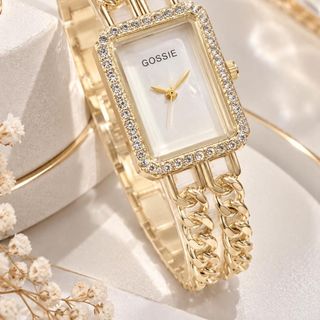 Đồng hồ nữ mặt chữ nhật đính đá, dây xích đôi 3 màu vàng - đen - trắng Gossie Xích Đôi