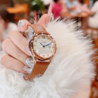Đồng hồ nữ mặt tròn đính đá, dây da nâu có lịch sang trọng Dimini Cao Cấp