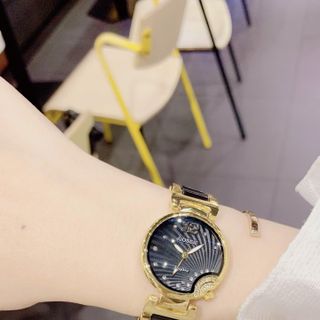 Đồng hồ nữ mặt đen đính đá, dây kim loại phối đen Gossie Đá Công Đen